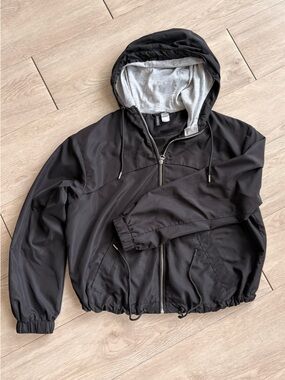 H&M Black Hooded Zip Up Windbreaker Jacket with Gray Lining Size S